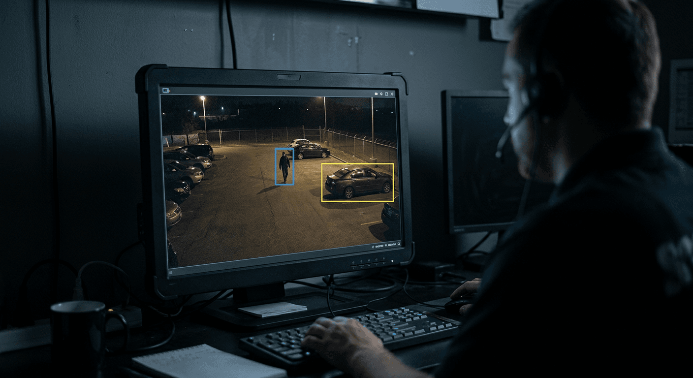 Monitor de supraveghere care marchează automat o persoană și un autoturism într-o parcare