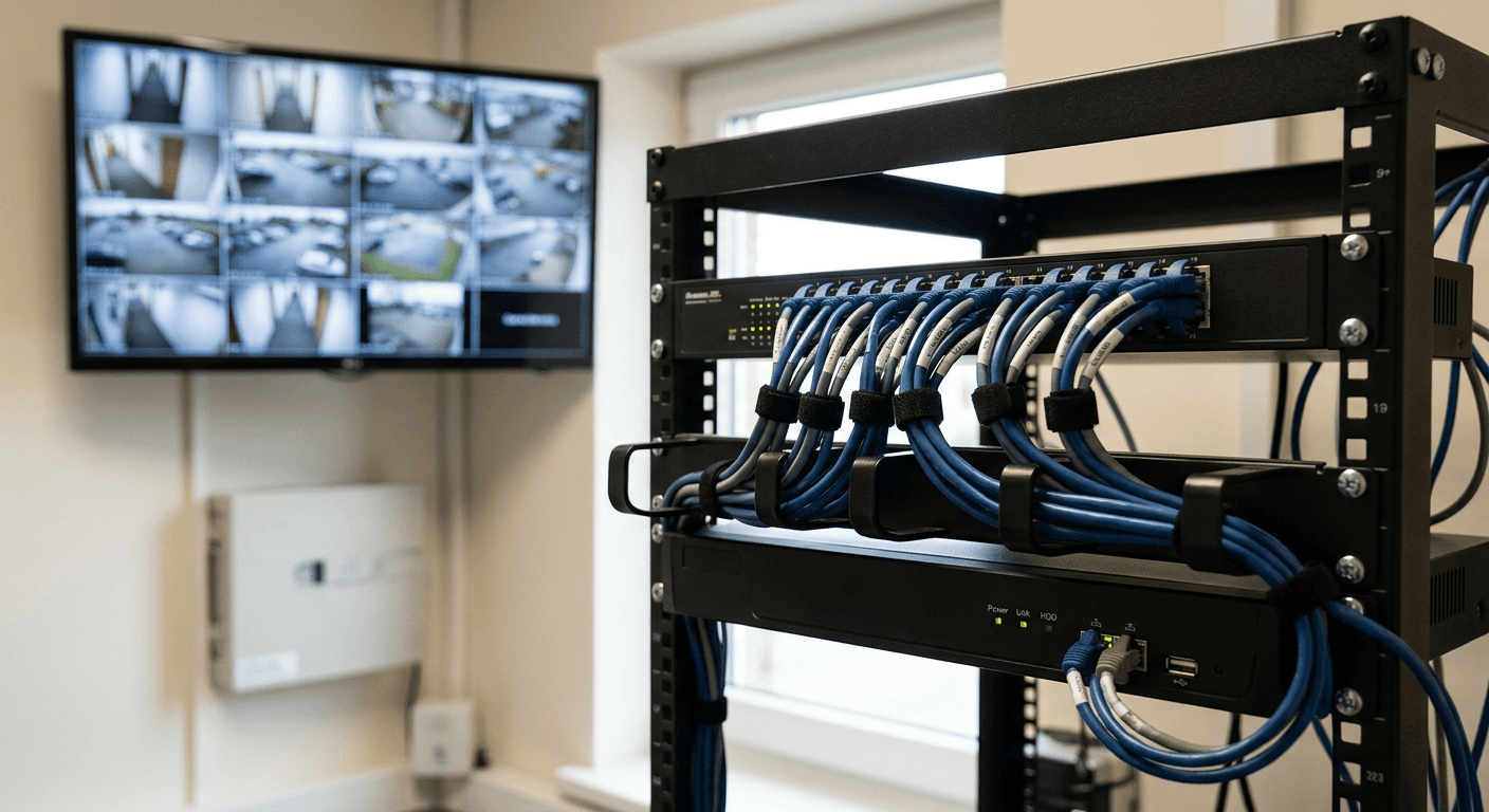 Înregistrator NVR și switch PoE într-un rack, cu monitor care afișează imaginile camerelor