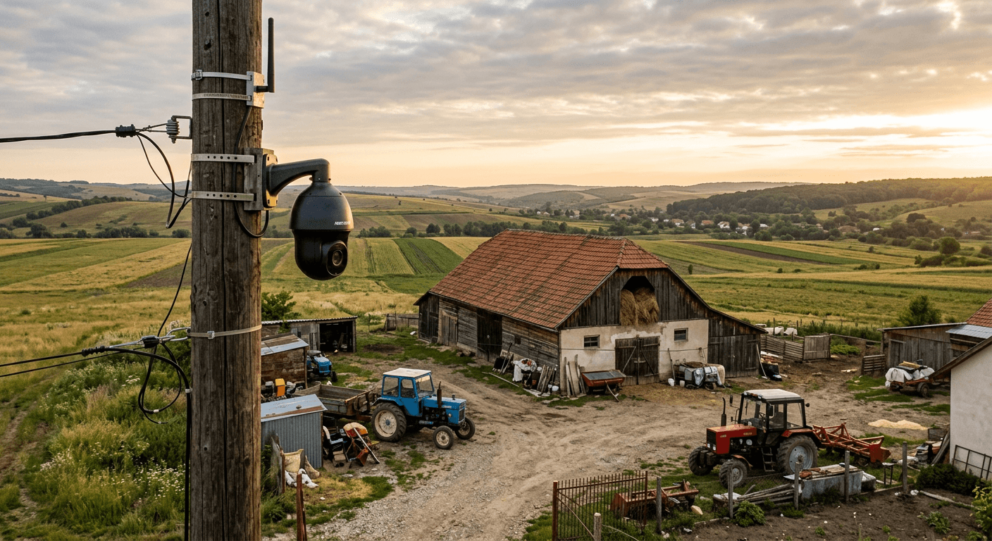 Cameră de supraveghere montată pe stâlp deasupra curții unei ferme cu utilaje agricole